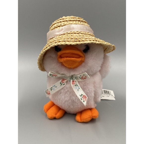 Walmart 5” Spring Pink Duck Baby Chick Duckling w/ Straw Hat and Bow Plush - Picture 1 of 7